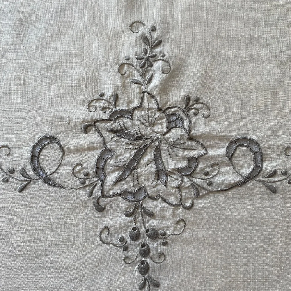 Vintage European Embroidered Floral Grape Vines Tablecloth 65